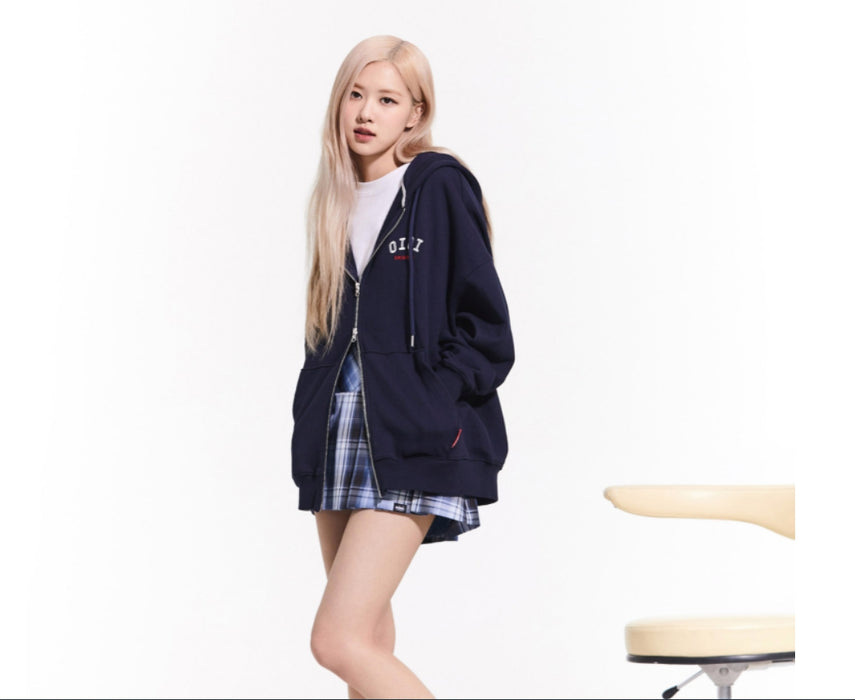 [BLACKPINK] - ROSE PICK 5252 BY 0!0! BASIC LOGO HOOD ZIP UP NAVY OFFICIAL MD