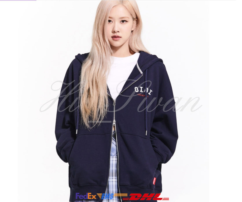 [BLACKPINK] - ROSE PICK 5252 BY 0!0! BASIC LOGO HOOD ZIP UP NAVY OFFICIAL MD